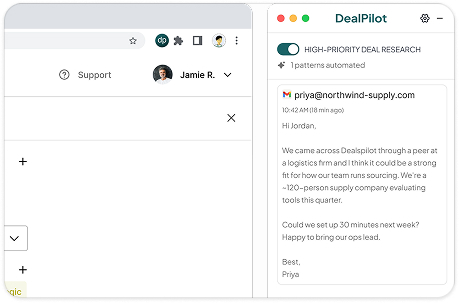 DealsPilot Gmail integration showing inbound research